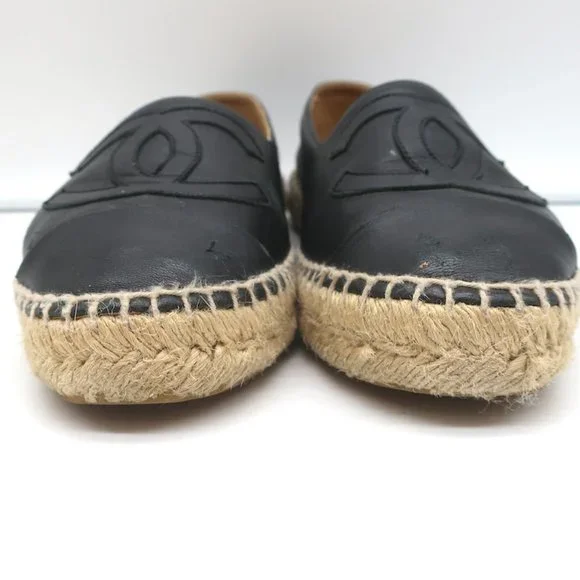CHANEL CC ESPADRILLES BLACK LEATHER SIZE 37 - Picture 5 of 13